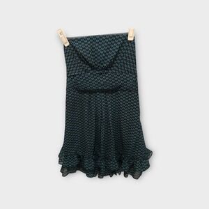 Ya‎ Black & Teal Owl Print Strapless Dress Ruffle Hem Silk Blend - Size M